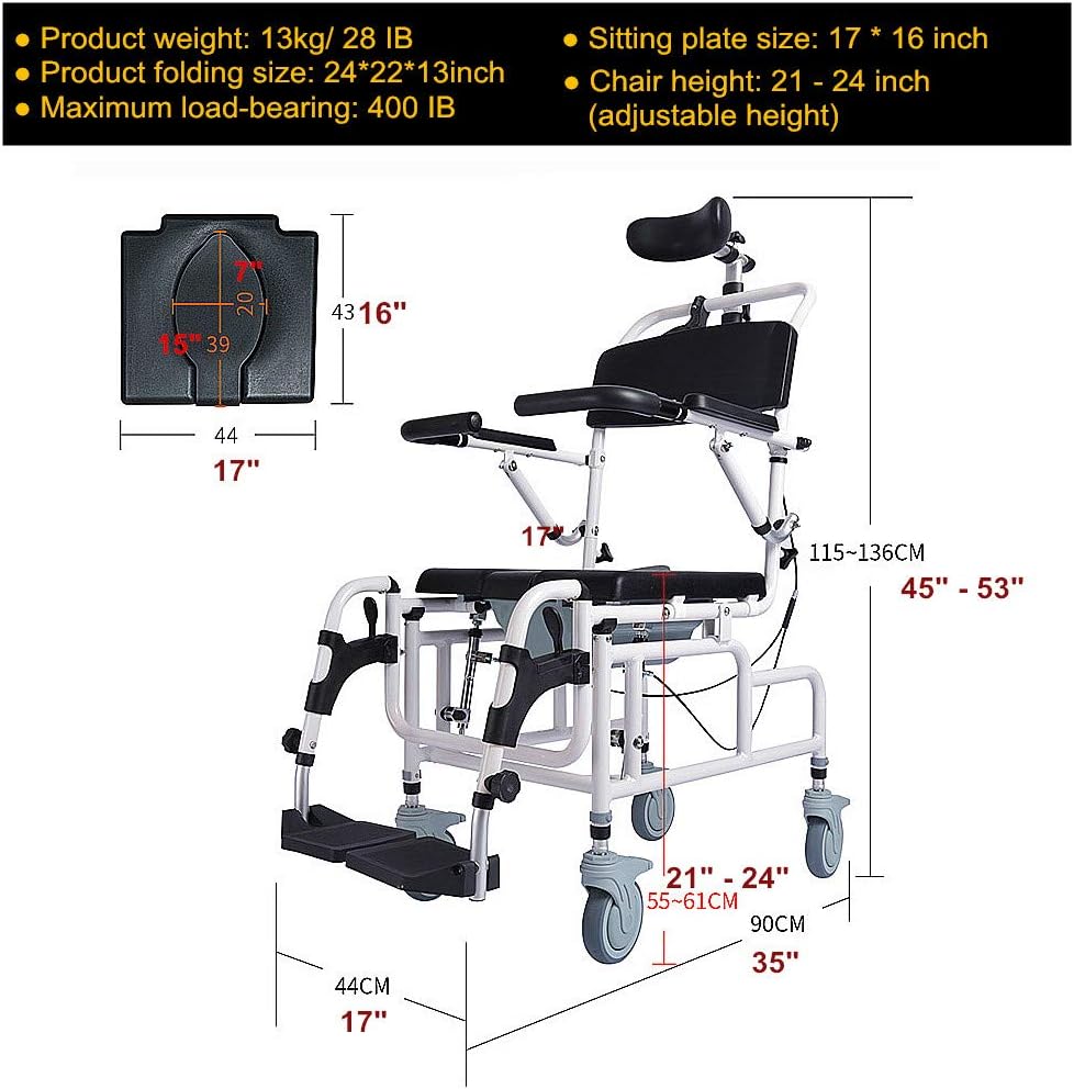 Nurth Tilt-in-Space Reclining Shower/Toilet Commode Chair, with Padded Seat, Back, Armrests. Care 4-in-1 Multifunction Chair
