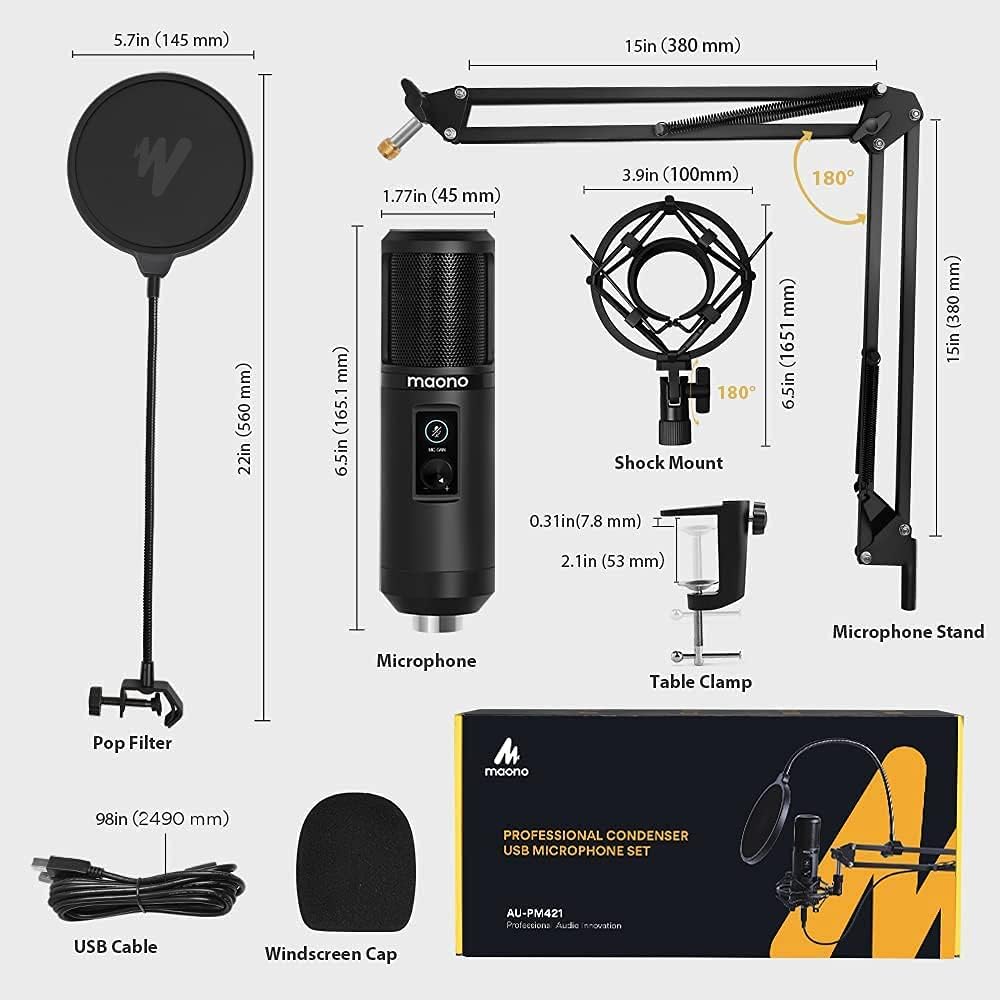 USB Microphone with One-Touch Mute and Gain Knob, MAONO Professional Condenser Computer PC Mic for Podcasting, Recording, Gaming, Live Streaming