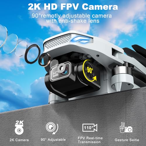 Drone with Camera, 2K HD FPV Drone with Brushless Motor, Altitude Hold, Gesture Selfie, 3D Flips, Waypoint Fly, One Key Take Off/Landing