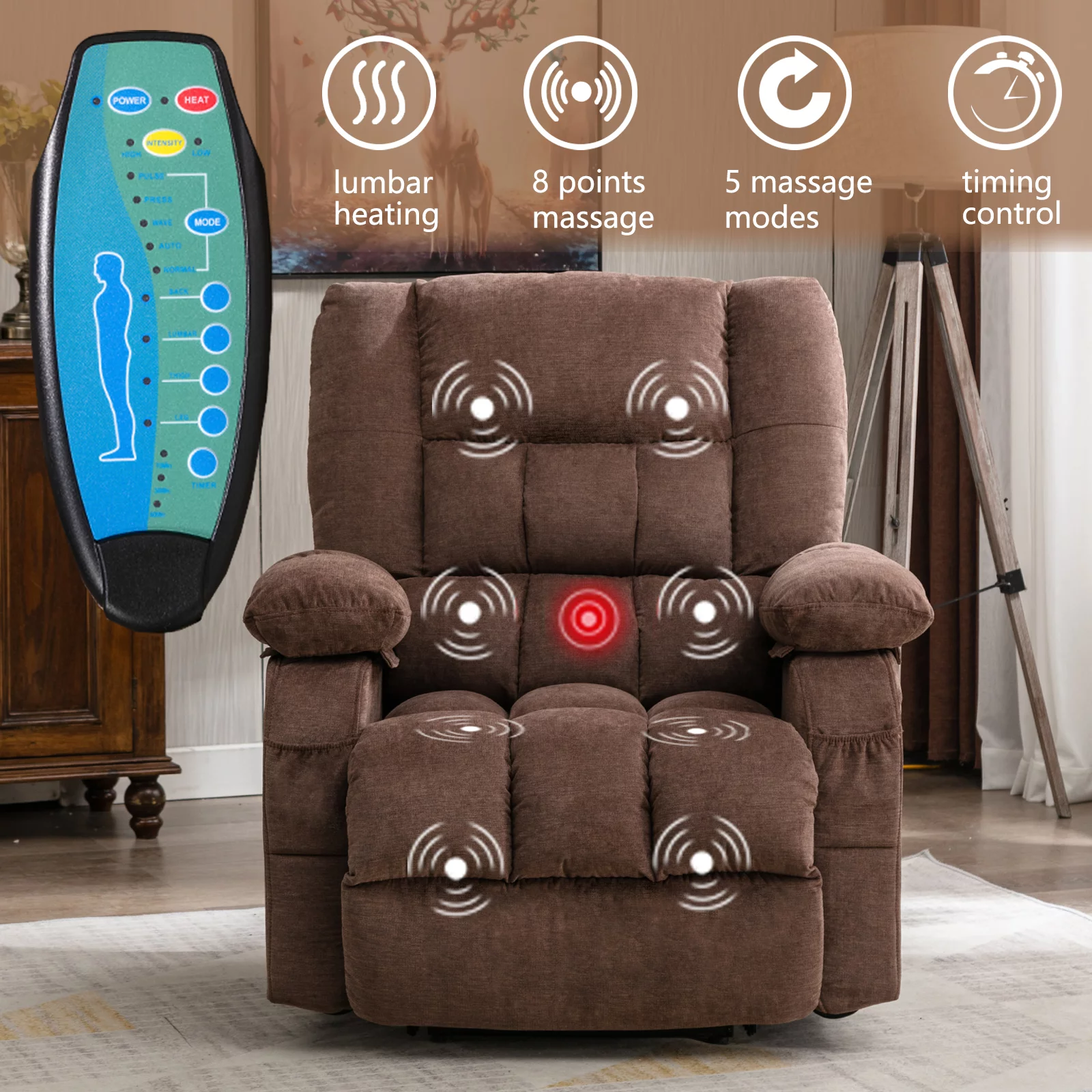 Power Lift Recliner Chair Sofa with Massage and Heat for Elderly, 3 Positions, 2 Side Pockets, USB Ports
