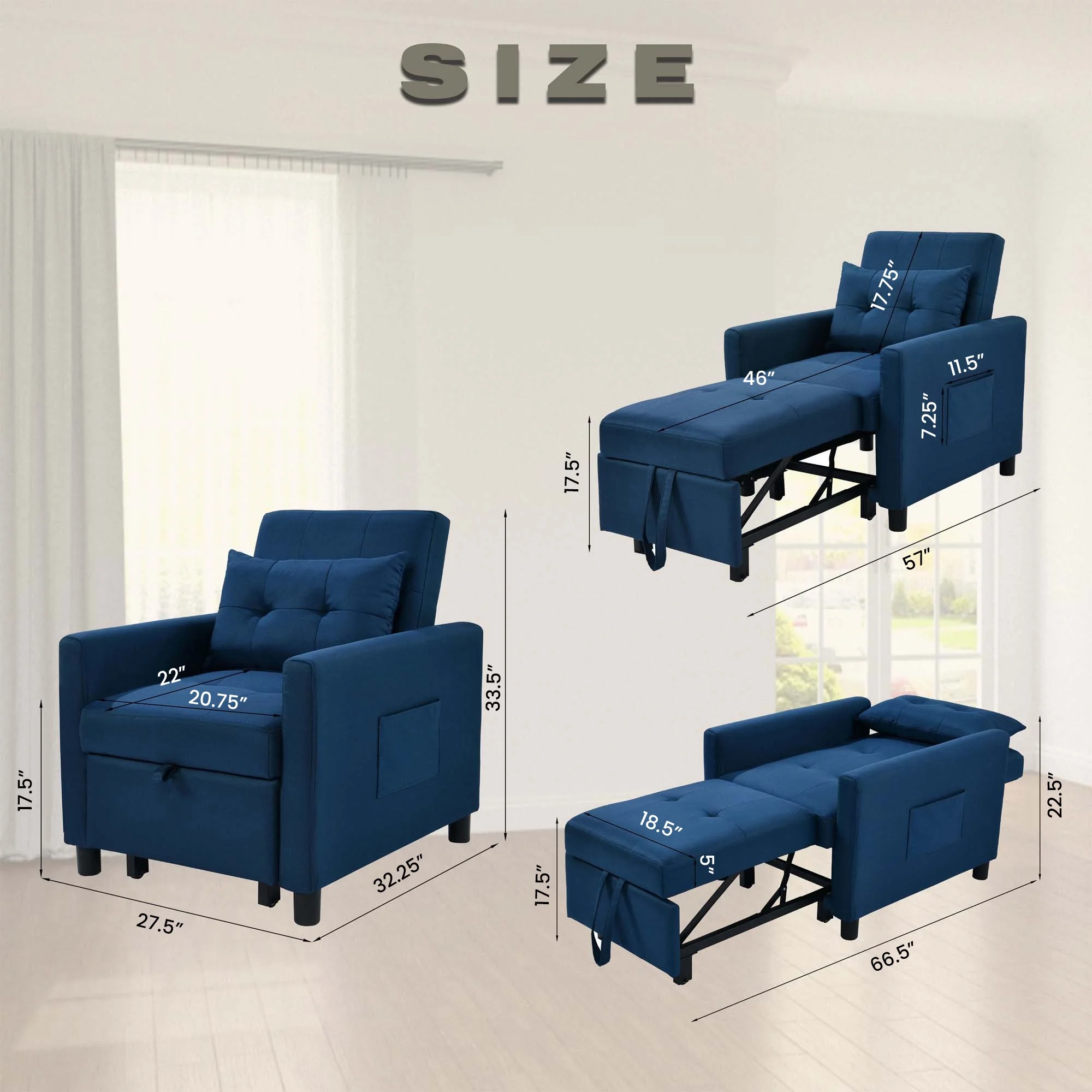 Aukfa Single Sofa Bed with Pull Out Sleeper, Convertible Futon Chair with Pocket for Living Room/Small Space - Blue