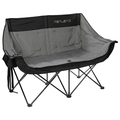 REALEAD Heated Double Camping Chair, 3 Heat Levels and 4 Heating Zones, Portable Heated Loveseat Chair for Outdoor Sports Support 650lbs