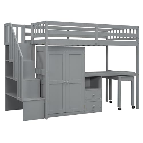 Harper & Bright Designs Twin Size Loft Bed with Stairs and Bookshelf, Wood Twin Storage Bed with Desk & Wardrobe