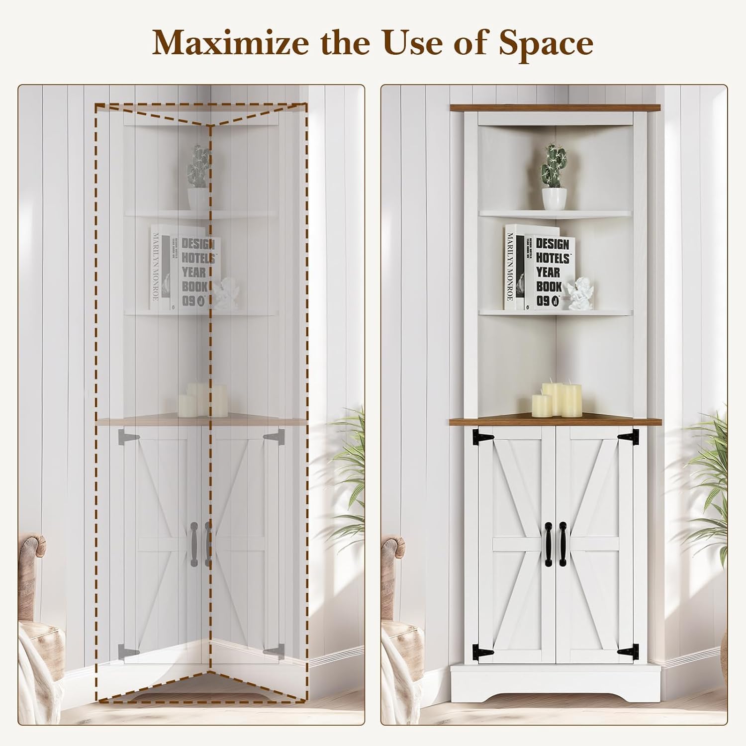 4 EVER WINE Farmhouse Corner Cabinet, Tall Corner Cabinet with 5 Shelves & Barn Doors, Corner Storage Cabinet Home Space Saver for Living Room