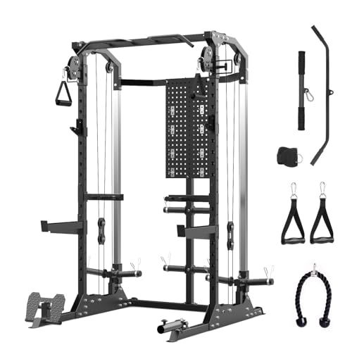 Power Cage, 2000Lbs Capacity Power Rack with Cable Crossover and Dual Independent Pulley System, Workout Cage with Storage Board