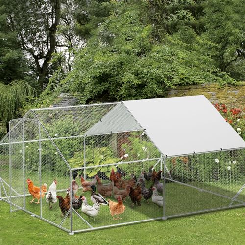 Heavy Duty Walk-in Chicken Coop, Large Metal Poultry Cage with Waterproof UV Cover & Round Top Design