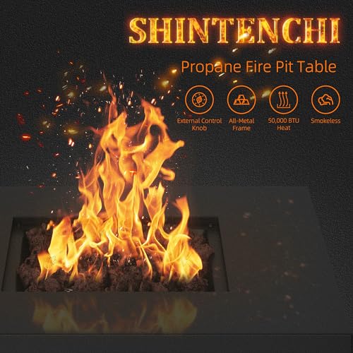 Shintenchi Propane Fire Pits 28 Inch Outdoor Gas Fire Pit, 50,000 BTU Steel Fire Table with Lid and Lava Rock