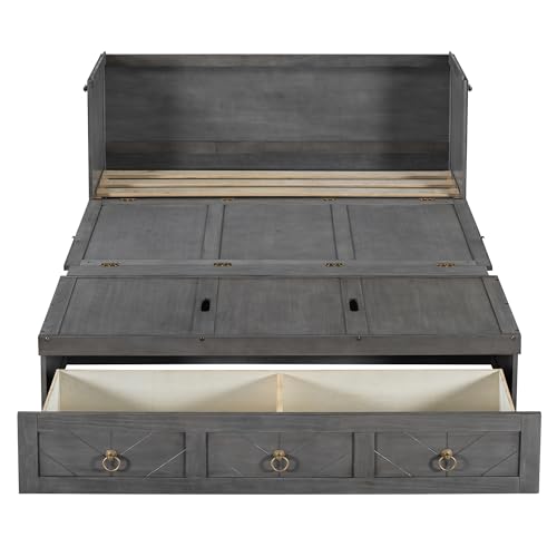 Harper & Bright Designs Full Size Murphy Bed Wall Bed, Solid Pine Murphy Bed Chest Cube Cabinet Bed with USB