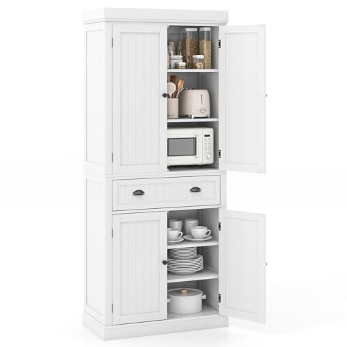 Tangkula 72" H Kitchen Pantry Cupboard Cabinet, Traditional Freestanding Large Tall Storage Cabinet with 2 Cabinets and Drawer, Adjustable Shelves