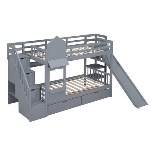Full-Over-Full Castle Style Bunk Bed with 2 Drawers and 3 Shelves, Wood Bunk Bed Frame with Slide and Storage Staircase for Kids Teens Boys Girls