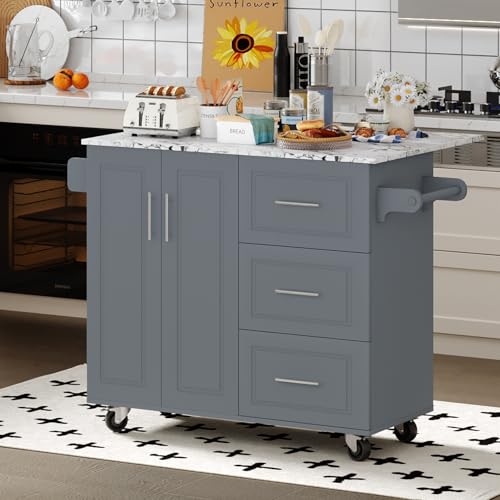 4 EVER WINNER Rolling Island with Storage and Drop Leaf, Marble Tabletop, Kitchen Carts on Wheels with Towel Rack & Spice Rack