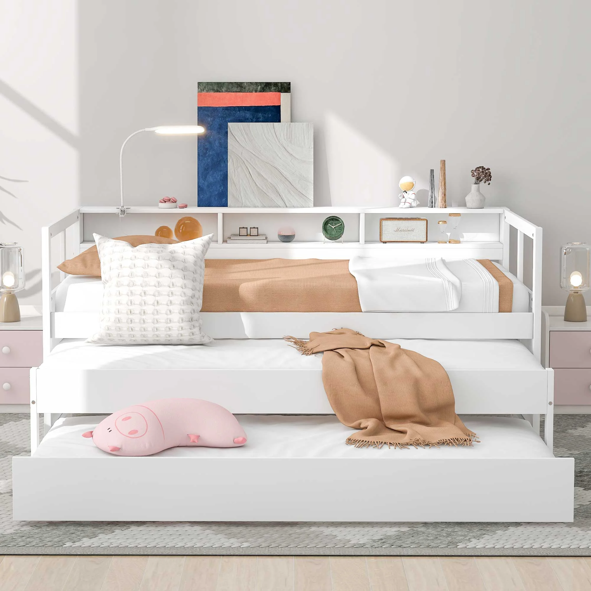 EUROCO Twin Platform Bed with Storage Shelf, Convertible Daybed with Night Light and USB Charging for Kids Teens Adults, 3 Beds in One, White