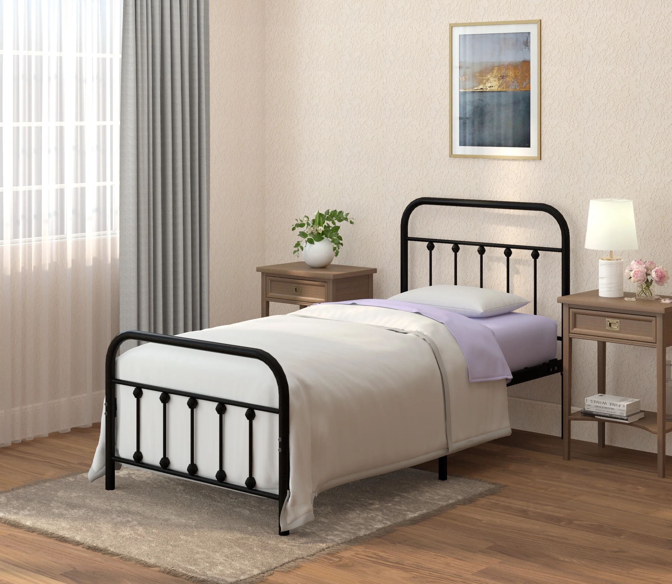 CastleBeds Vintage Twin Metal Bed Frame with Headboard and Footboard – Platform | Wrought Iron | Heavy Duty | Solid Sturdy Metal Slat | Black | No