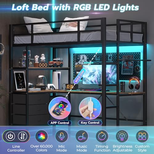 DICTAC Loft Bed Full Size with L-Shaped Desk and Charging Station Full Metal Bed Frame with LED Lights,Open Shelves and 3 Fabric Storage Drawers