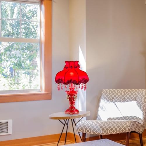 Lovely Table Lamp with Fabric Lampshade, Antique Flower Decorative Bedside Desk Lamp, Handmade Night Light for Bedroom Nightstand