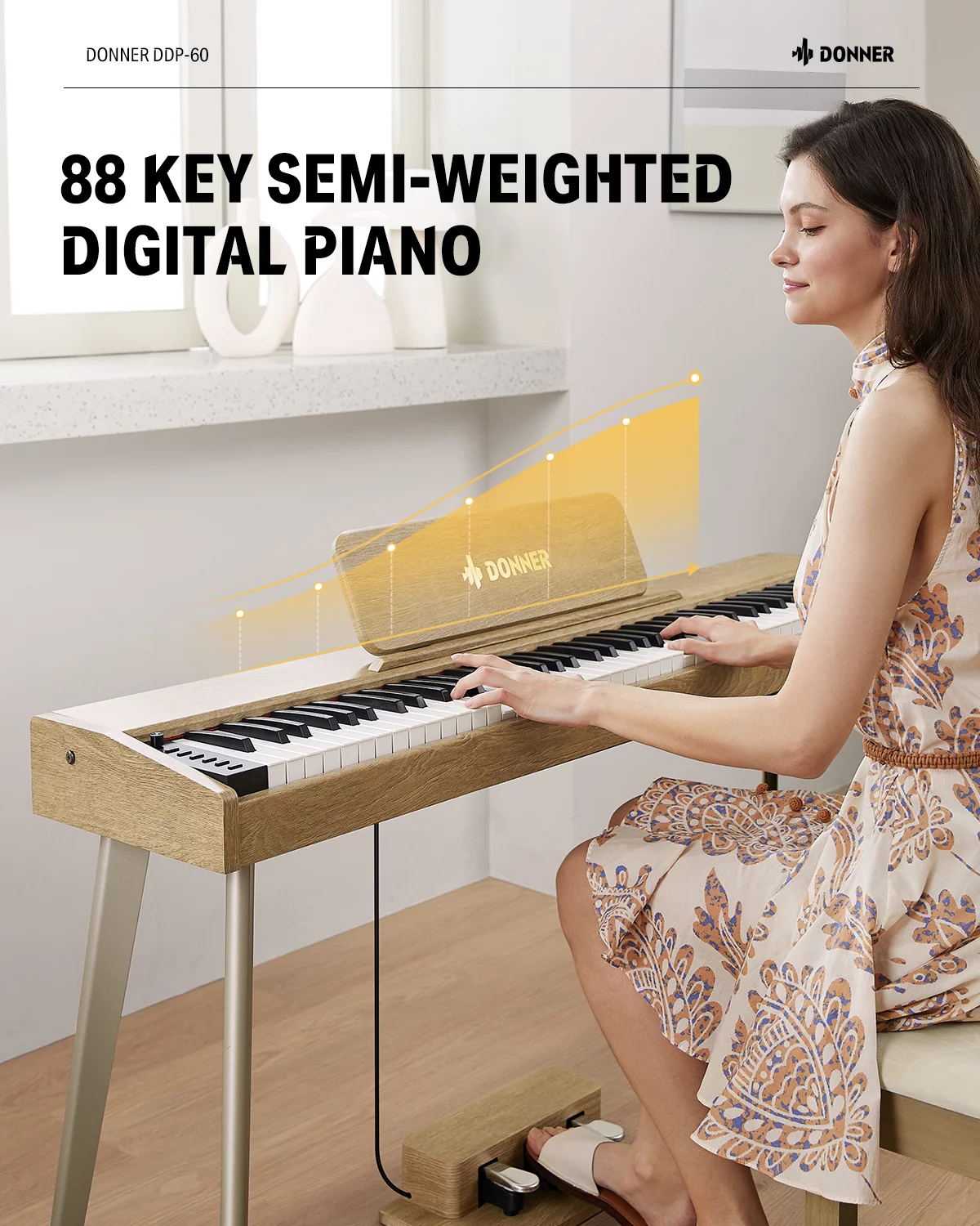 Donner DDP-60 88 Key Digital Piano Electric Keyboard with Speakers, 128 Voices, 83 Rhythms, 4 Reverb Effects, Light Wood