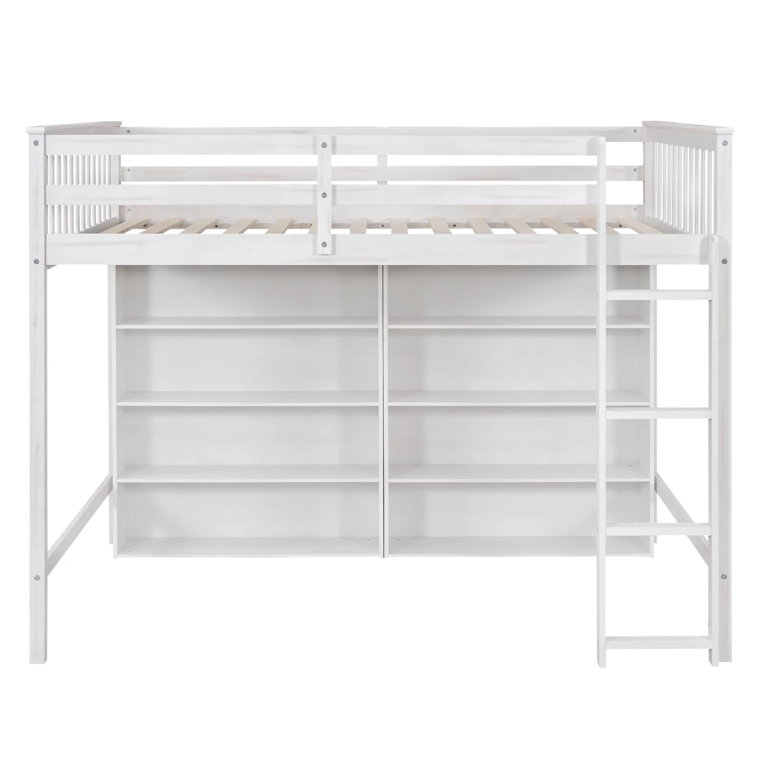 Churanty Wood Full Size Loft Bed with 8 Open Storage Shelves, Full Loft Bed Frame with Built-in Bookcase for Dorm Kids Teens, White