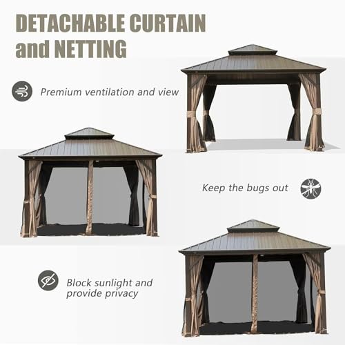 Domi 10’ x 10’ Hardtop Gazebo Metal Frame Canopy with Netting & Curtains