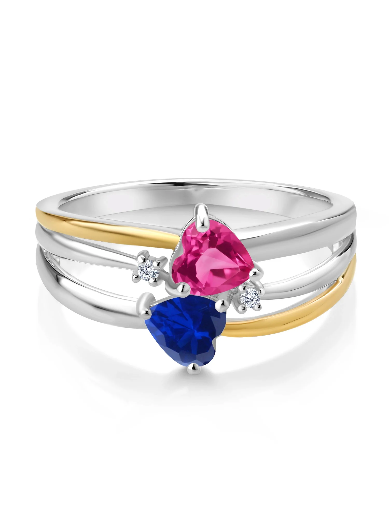 925 Silver and 10K Yellow Gold Pink Created Sapphire and Blue Created Sapphire and White Lab Grown Diamond Band Ring For Women (1.12 Cttw