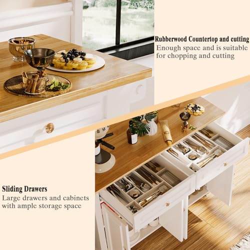 67’’ Movable Kitchen Island with Drop Leaf and Power Outlet, Lockable Sliding Countertop Rolling Island Cart with 2 Large Drawers, Spice, Towel Rack