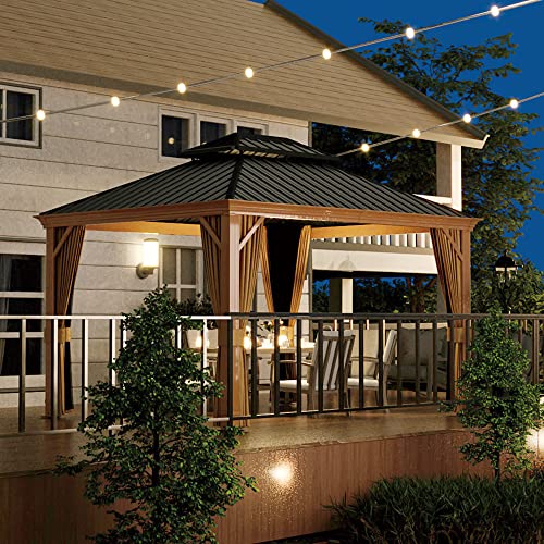 HAPPATIO 10' x 12' Hardtop Gazebo with Netting and Curtains, Double Roof Permanent Patio Metal Gazebo Canopy for Patio, Deck, Backyard （Gray）