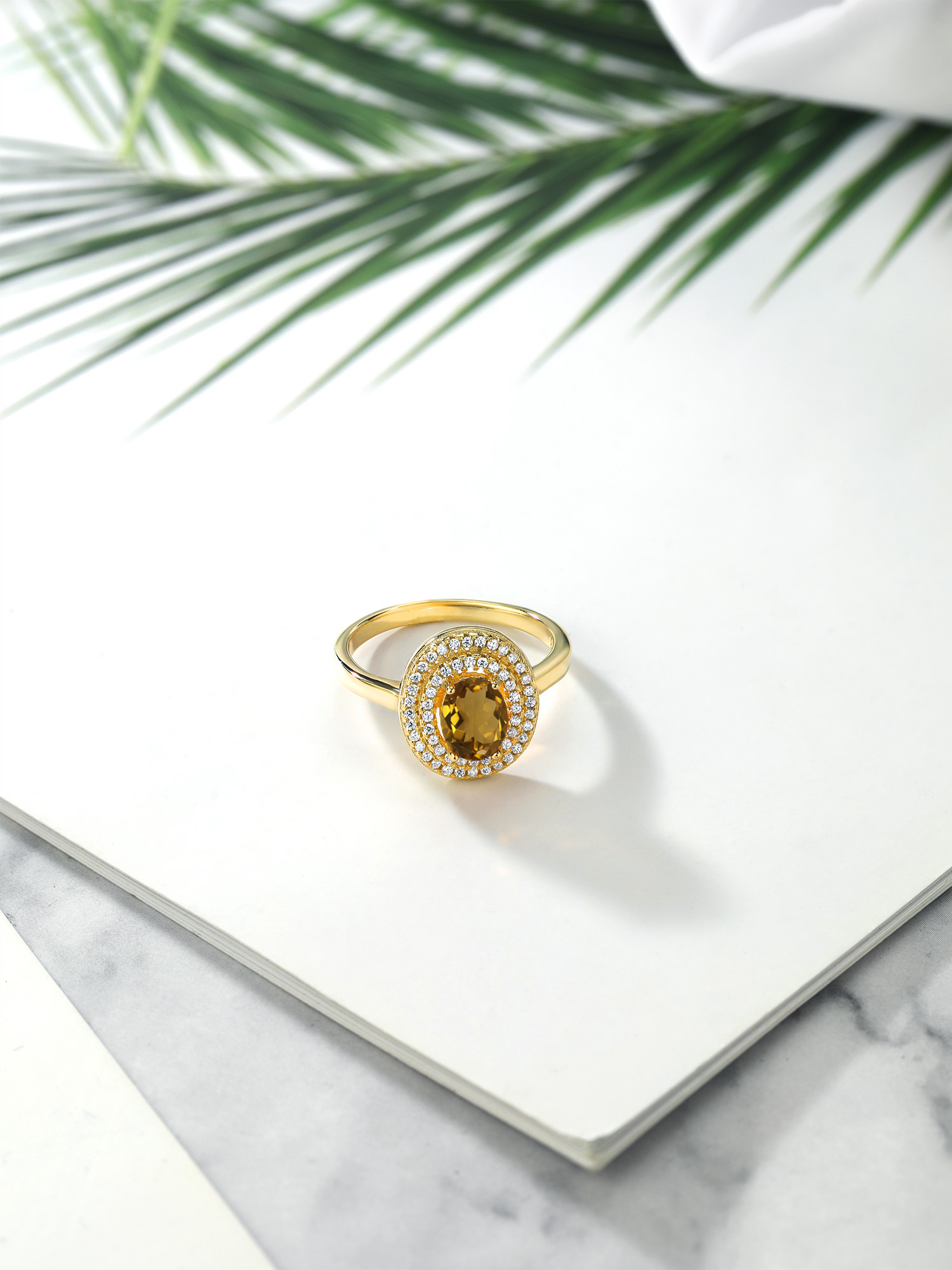 Gem Stone King 18K Yellow Gold Plated Silver Oval Whiskey Quartz Halo Engagement Ring For Women (2.20 Cttw, Gemstone Birthstone, Oval 8X6MM, Size 6)