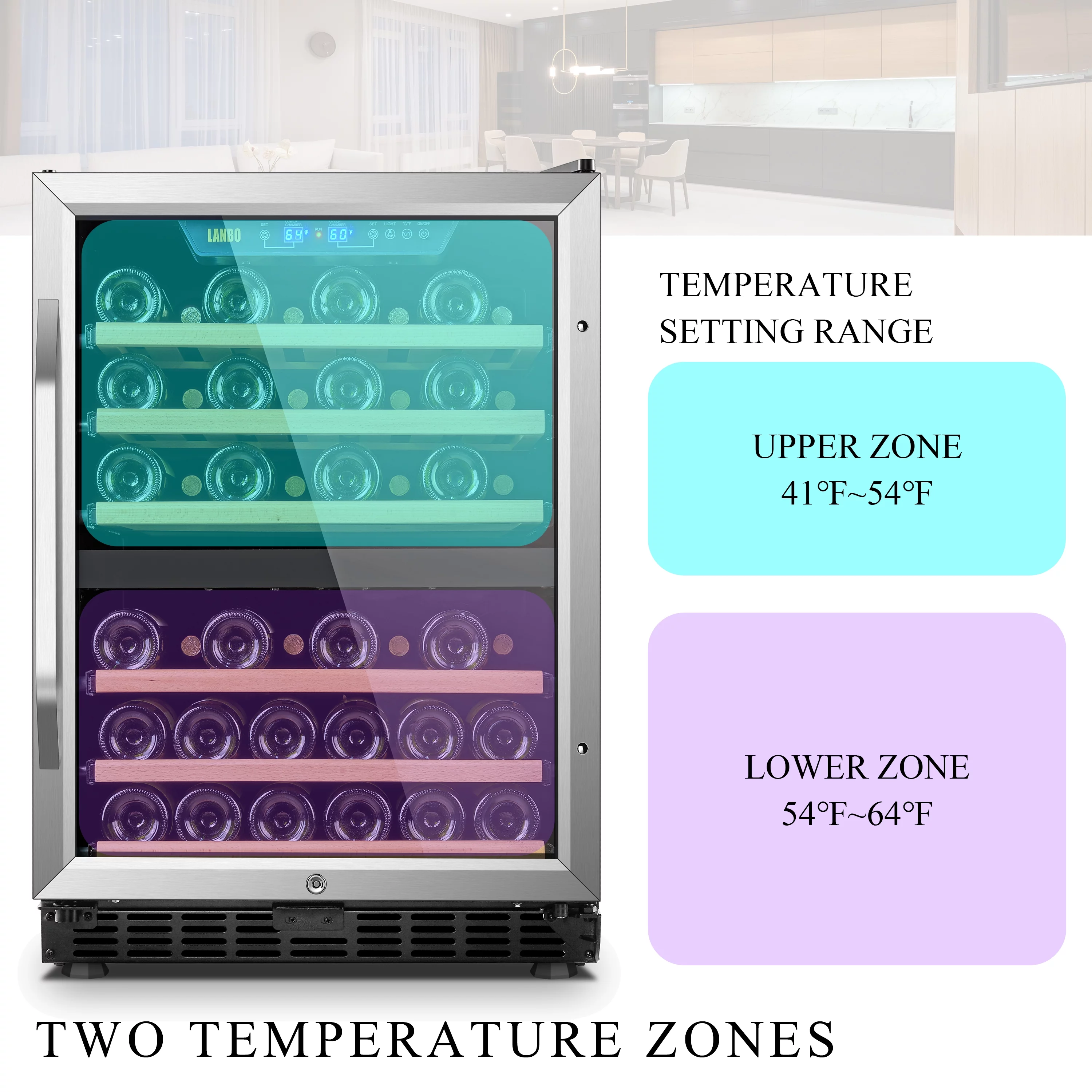Lanbo 24 inch Width 44 Bottle Built-in Compressor Dual Zone Wine Cooler