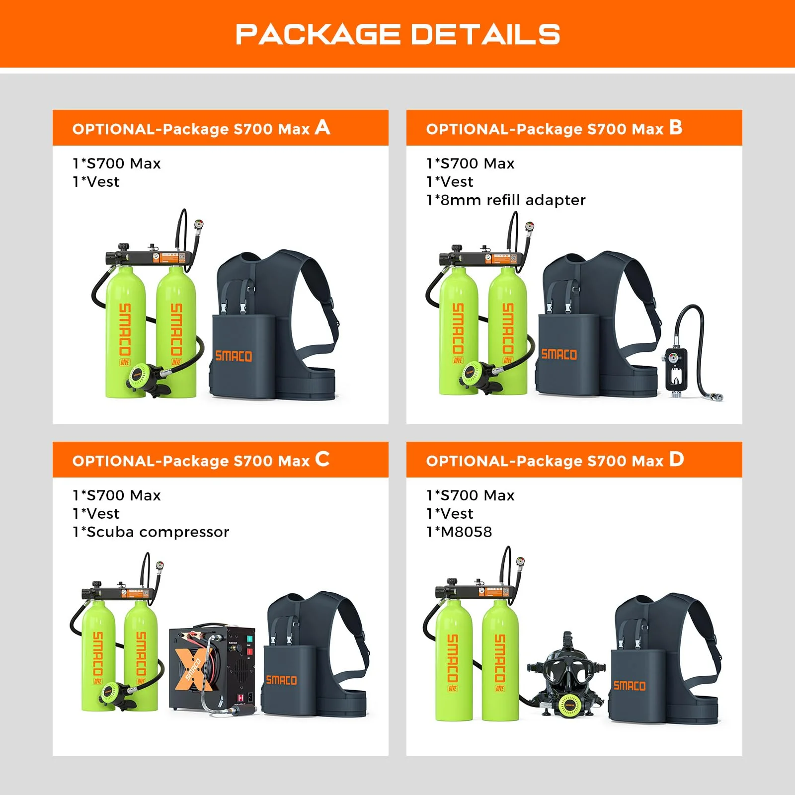 SMACO S700 Max Mini Scuba Diving Tank 1.9L Double Scuba Tank Reusable Small Pony Bottle with 30-45 Mins Portable Twin 1.9L Diving Air Tank Kit Diving