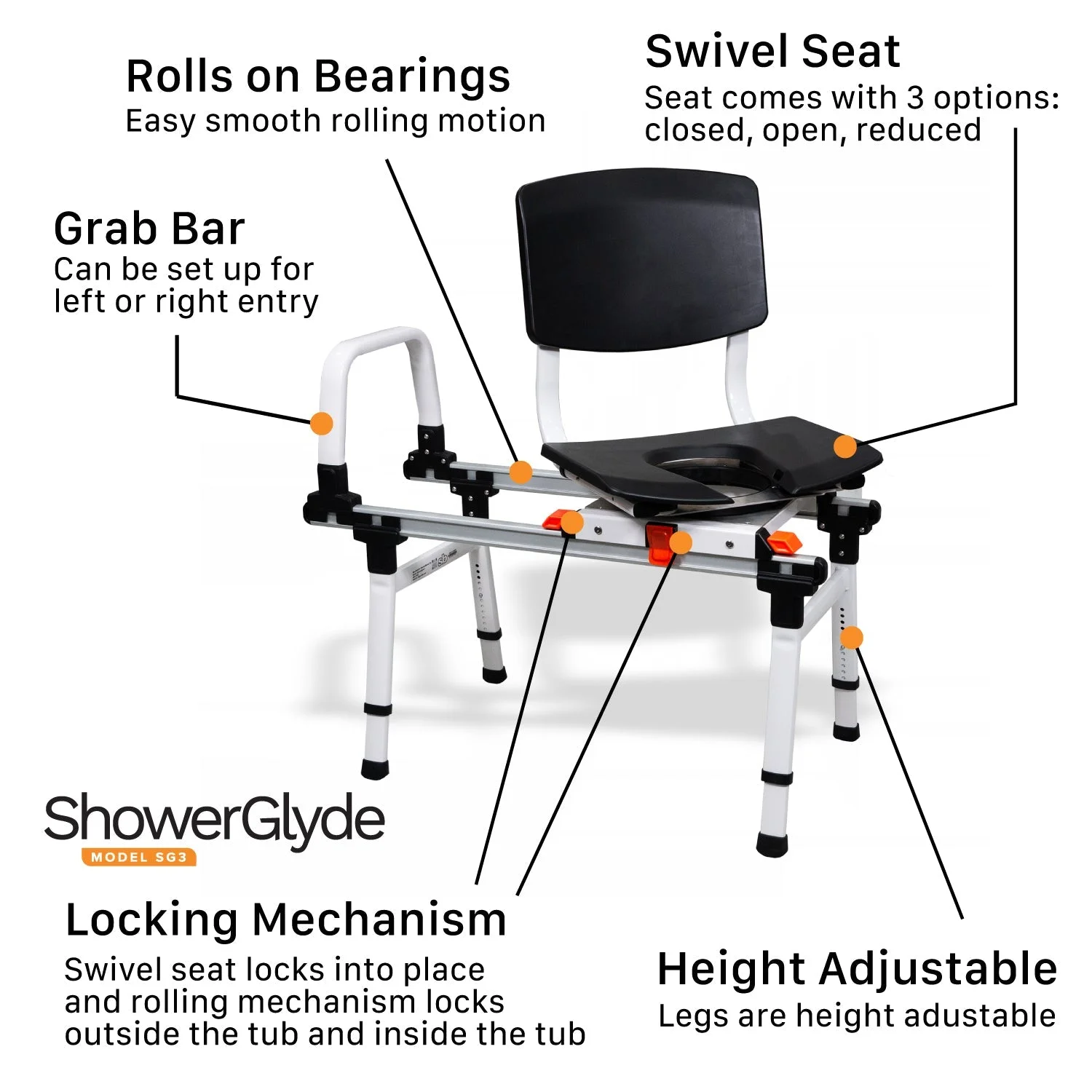 ShowerGlyde Model SG3 Sliding Shower Transfer Bench with Swivel Seat - Radiant Selections