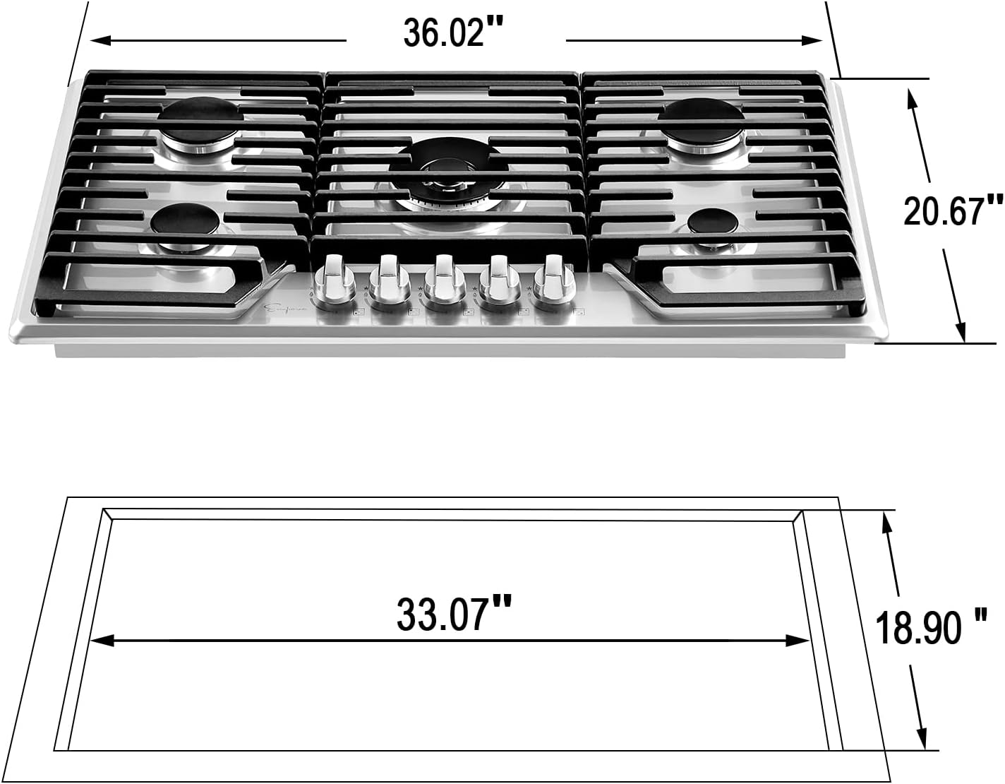Empava 36 in. Built Cooktop in Stainless Steel with 5 Gas Stove Including A 18000 BTU Power Burner, 36IN, Silver