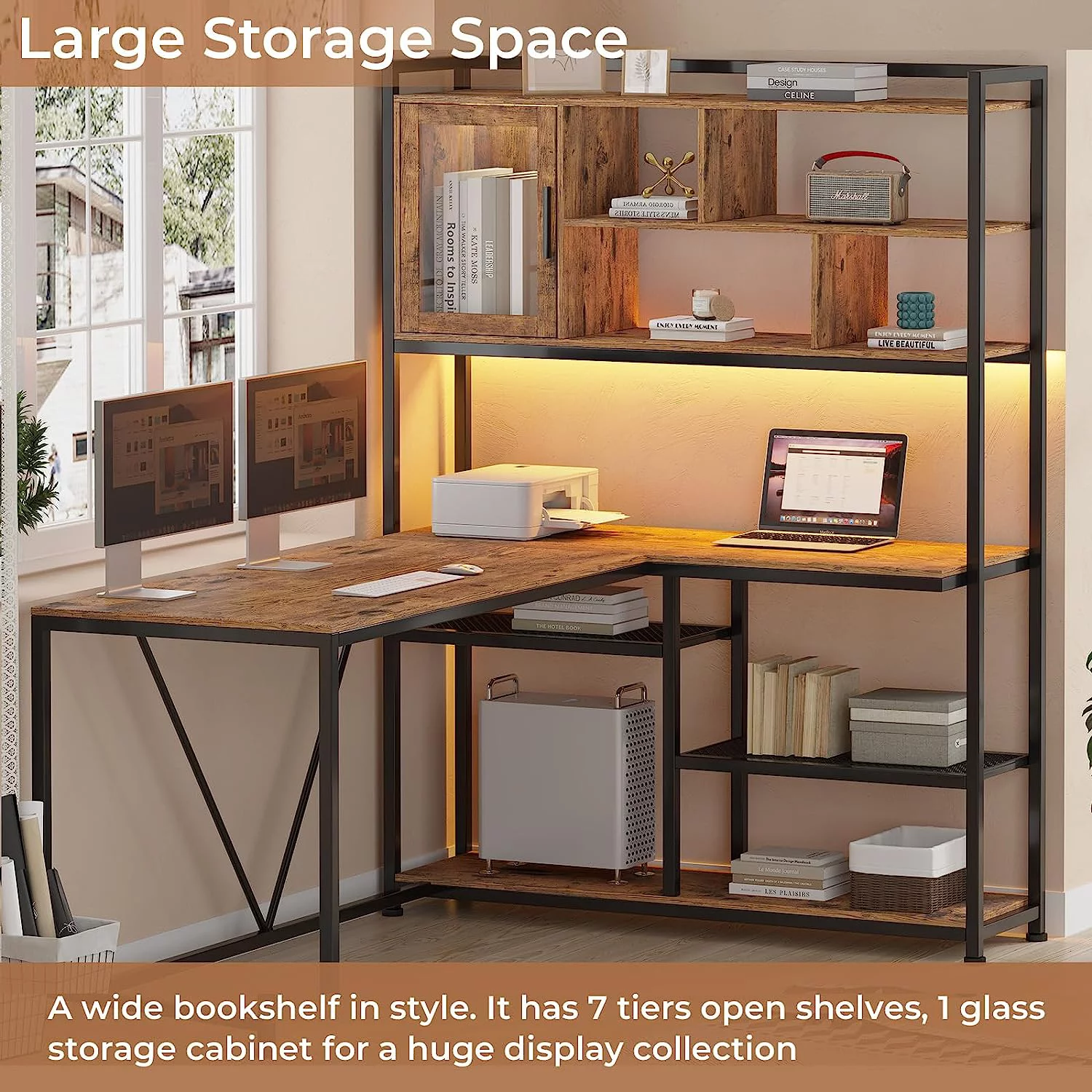 L Shaped Gaming Desk with LED Lights and Bookshelf, 58" Brown Home Office Desk Reversible Corner Computer Desk Table with Storage Shelves
