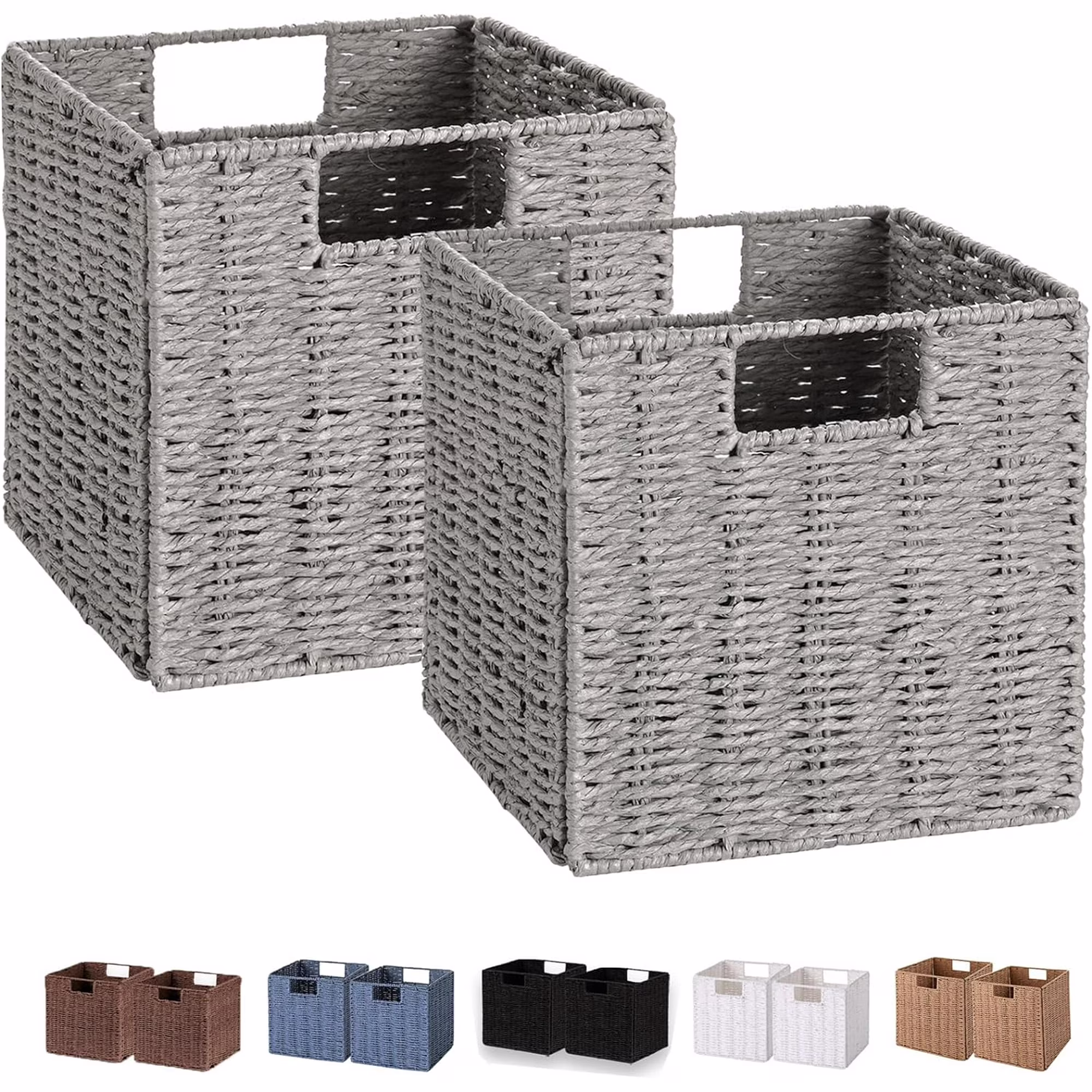 Wicker Basket, Set of 2 Hand-Woven Wicker Storage Basket, Foldable 11 inch Cube Storage Bins, Storage Baskets for Organizing Shelves