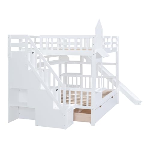 Merax Full Over Full Bunk Bed with 2 Drawers and 3 Shelves