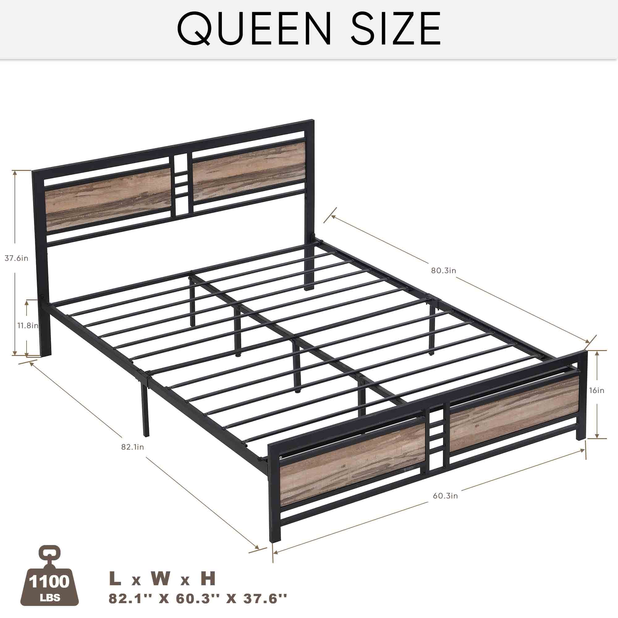 Queen Size Metal Platform Bed Frame with Wood Headboard and Footboard, Heavy Duty Mattress Foundation with Slat Support, Easy to Assemble