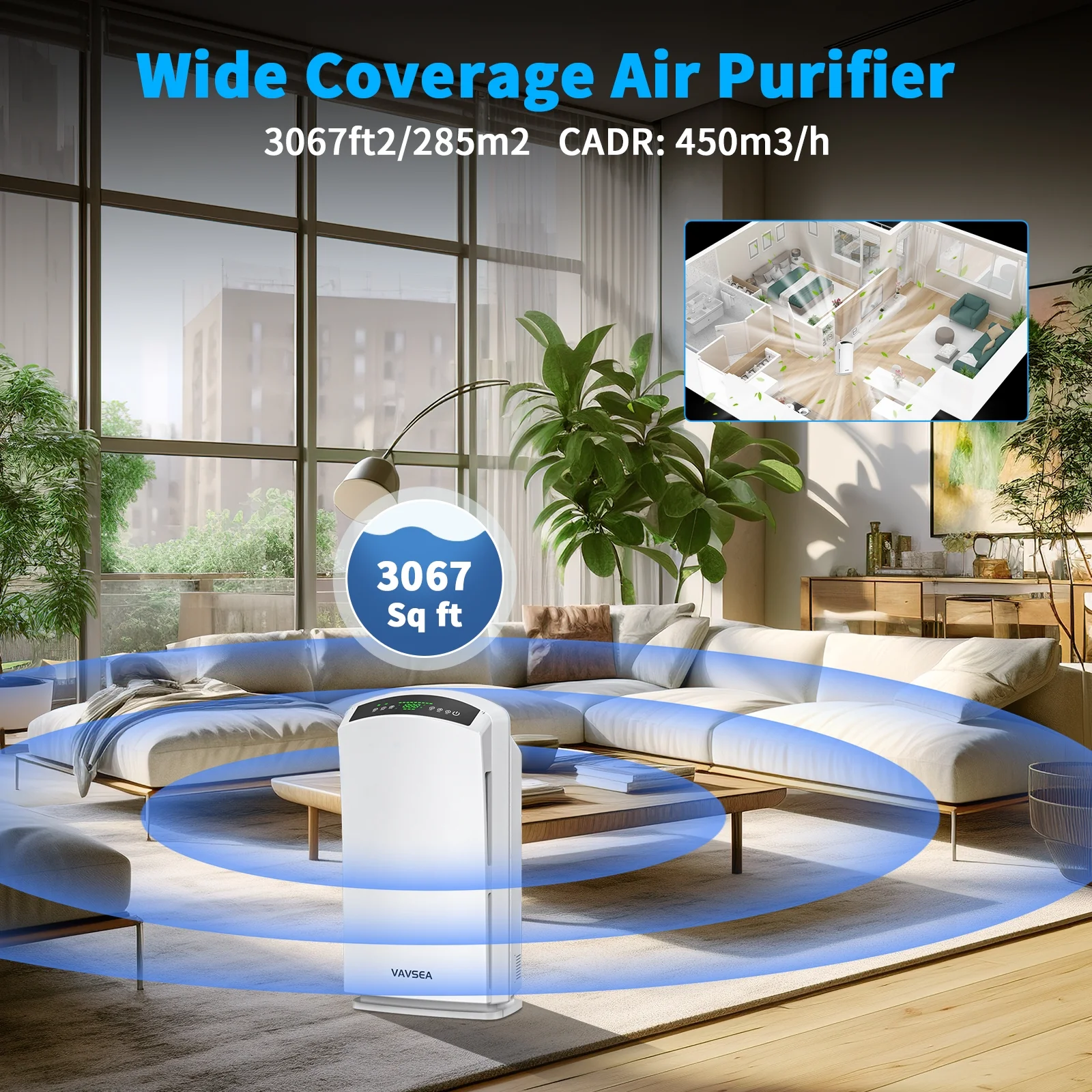 VAVSEA Air Purifier, HEPA Air Filter for Home Large Room up to 3067 Sq ft, Air Cleaner with Air Humidity Display for Pet Hair, Allergies, Smokers