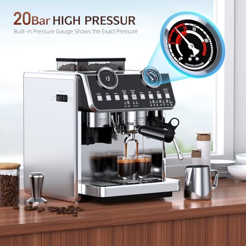 Espresso Machine with Grinder, 20 Bar Pressure Professional Espresso Maker with 30 Grinding Settings, 58mm Portafilte