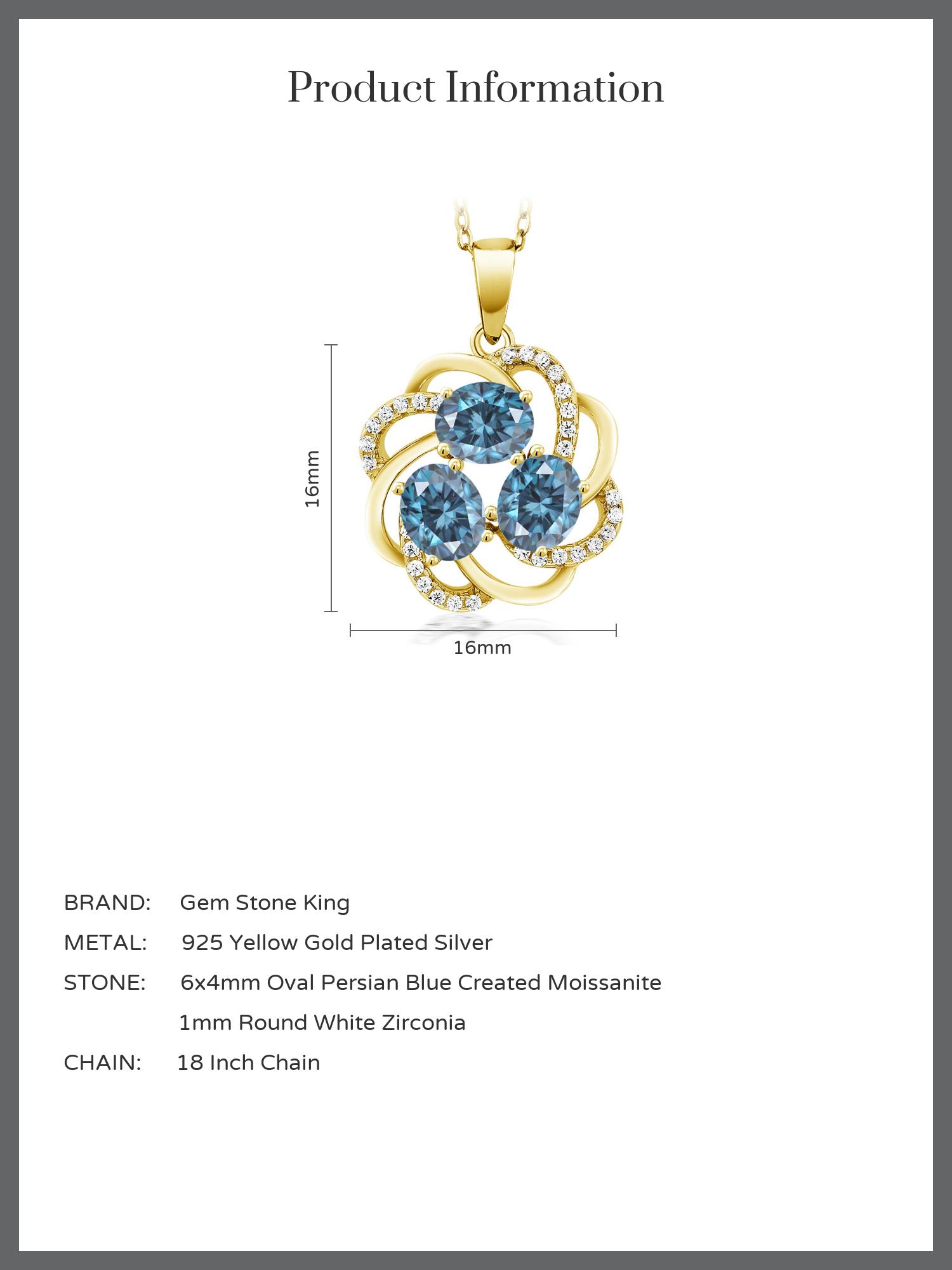 Gem Stone King 18K Yellow Gold Plated Silver Oval Persian Blue Moissanite Pendant Necklace For Women (1.72 Cttw, with 18 inch Chain)