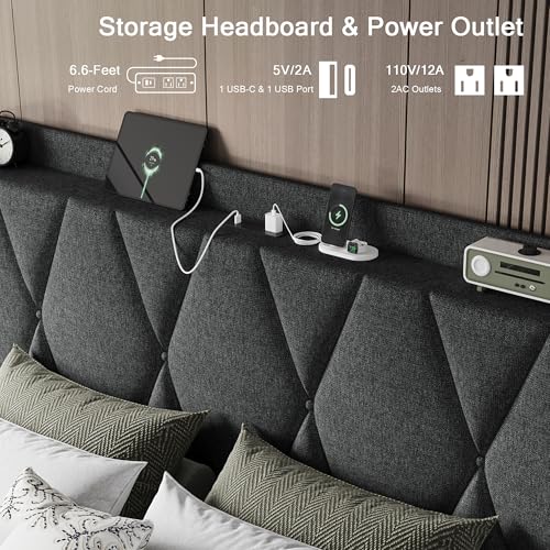 Queen Bed Frame with 4 Storage Drawers and Charging Station, Upholstered Platform Bed Frame with Storage Headboard, No Box Spring Needed