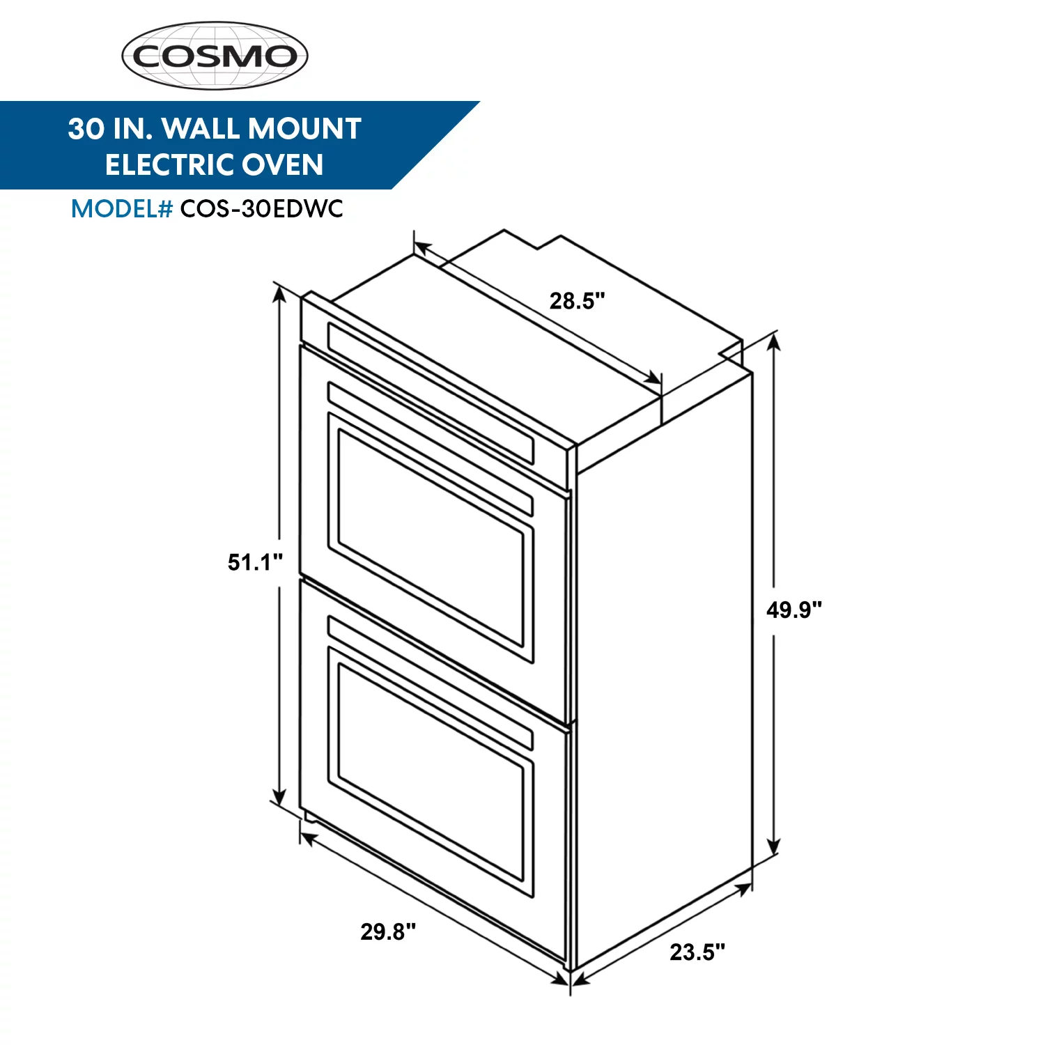 Cosmo 30" Double Wall Oven in Stainless Steel with True European Convection