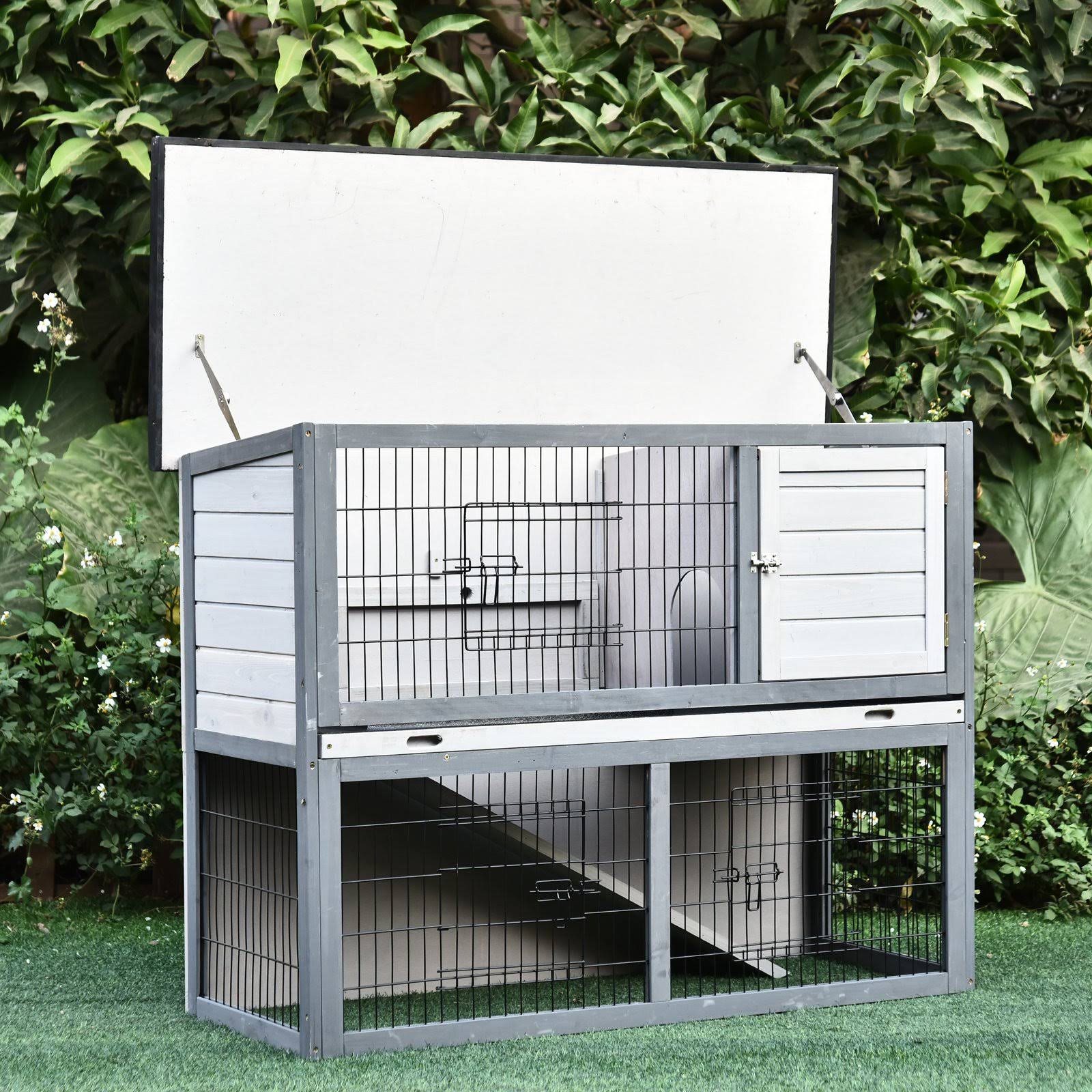 PawHut Outdoor Rabbit Hutch 54x22 Wooden Rabbit Bunny Cage Water Resistant Pet House 4 Door w/ Ramp