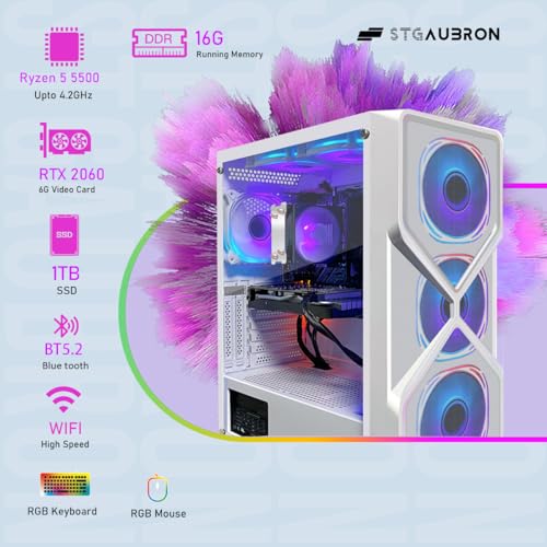 STGAubron Gaming PC Computer Desktop, GeForce RTX 2060 Super 8G, Intel Core I7 8th up to 4.1GHz, 16G DDR4, 1T SSD, WiFi 6 & BT 5.2, RGB Fan x6