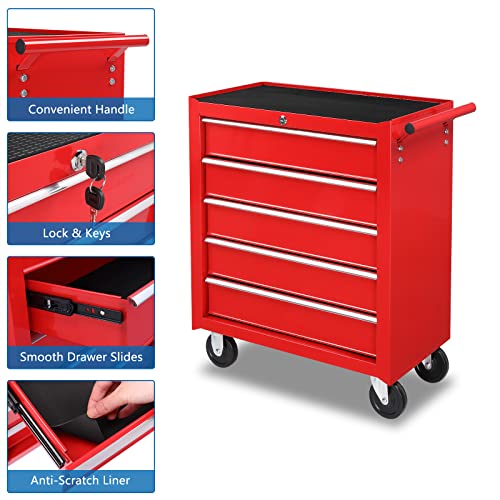TUFFIOM 5-Drawer Rolling Tool Chest w/Drawers & Lock, Tool Storage Cabinet with Lockable Wheels, Top Cushion & Drawer Liners