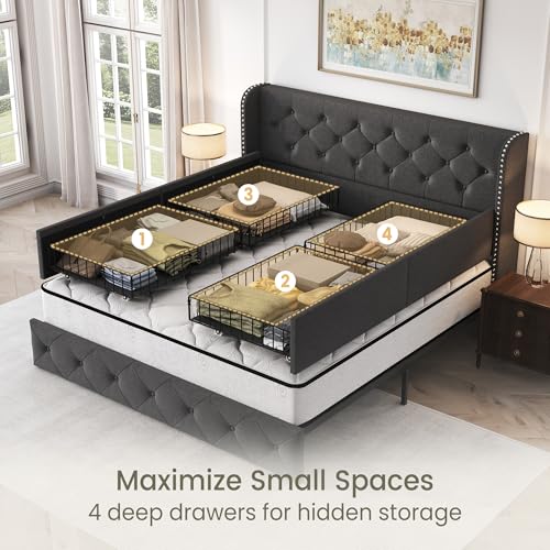 King Size Bed Frame with 4 Storage Drawers and Tufted Headboard Linen Upholstered Platform Bed Frame Wingback Beds with Wooden Slats Support