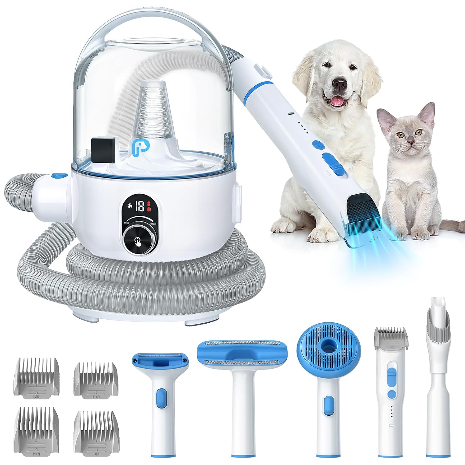 Dog Grooming Kit - Low Noise Vacuum Suction, 99.99% Hair Removal, and 5 Professional Grooming Tools, 16-Level Variable Speed Knob