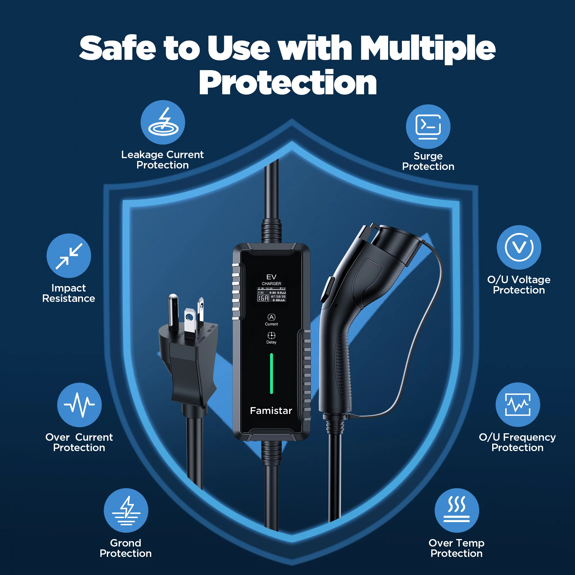 Famistar Level 1 & 2 EV Charger, 25 ft Adj. 8-16A 100-240V Portable Electric Car Fast Charger