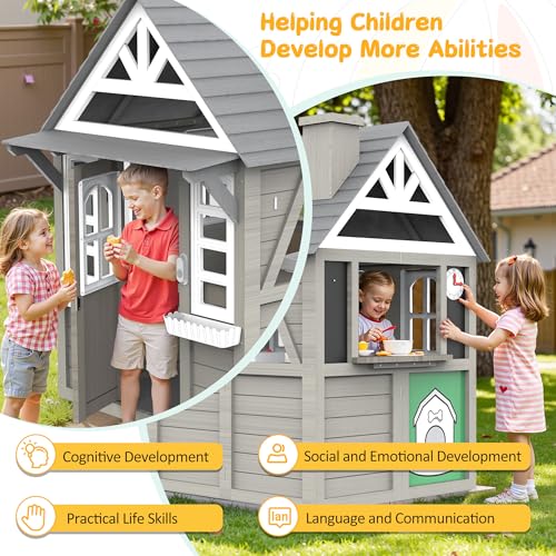 Kids Playhouse Outdoor,Wooden Play House Playset for Kids, Large, Sturdy, Realistic Design with Kitchen, Doorbell, Flower Pot, Stove, Sink & Clock