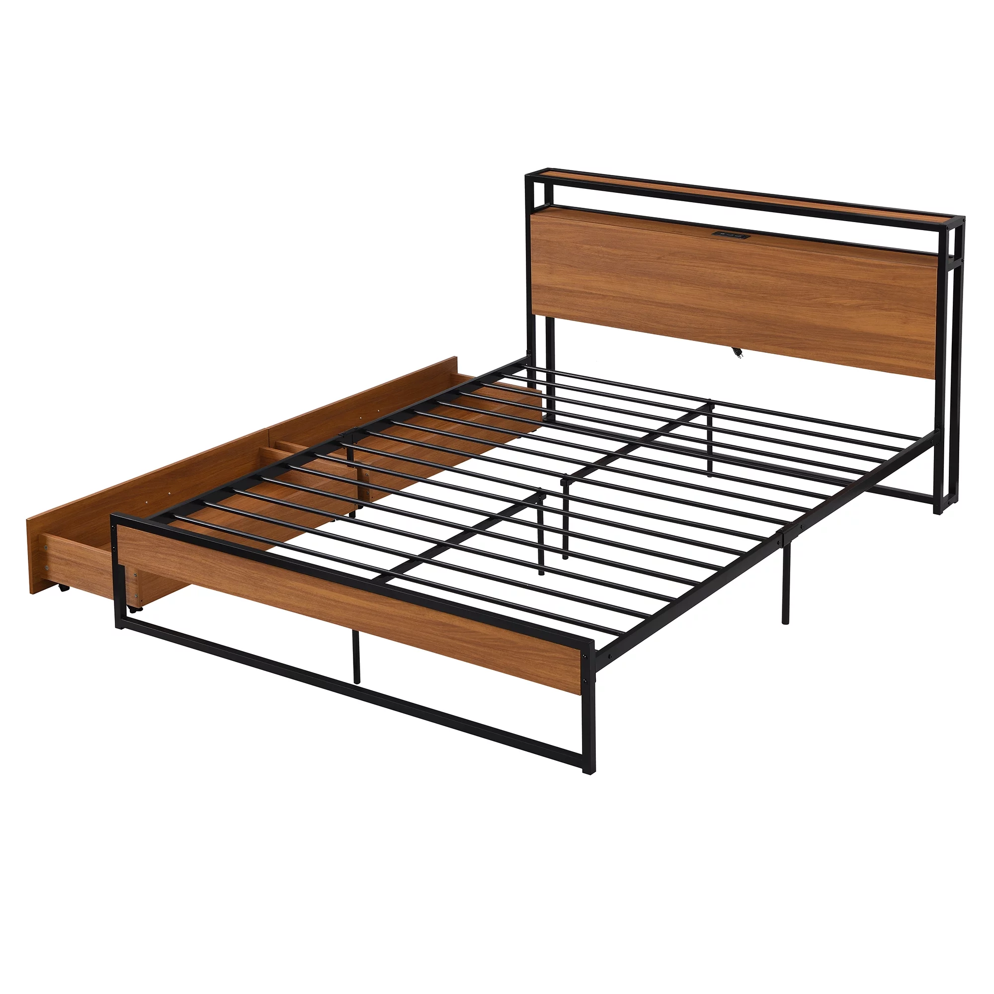 BTMWAY Metal Queen Bed Frame, Queen Size Platform Bed Frames with Wood Headboard, 2 Drawers, Sockets and USB Ports for Bedroom, No Box Spring Needed