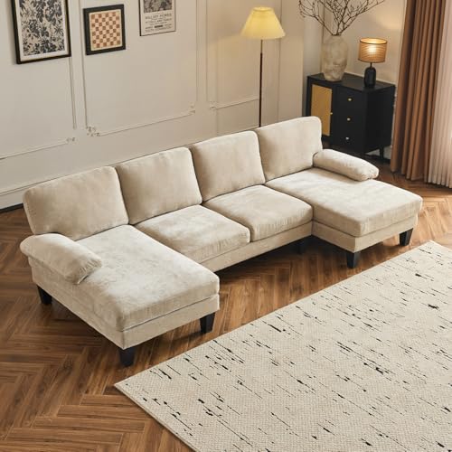 VINGLI 110" Sectional Couches for Living Room,U Shaped Couch with Double Chaise, 4-Seat Sofa Set with Chenille Fabric for Home Furniture,Forest Green