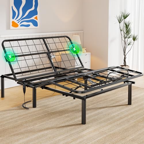 Amada Queen Adjustable Bed Frame with Massage, Head & Foot Incline, Wireless Remote, 4 Built-in USB Ports, LED Night Light, 4 Height-Adjustable Legs