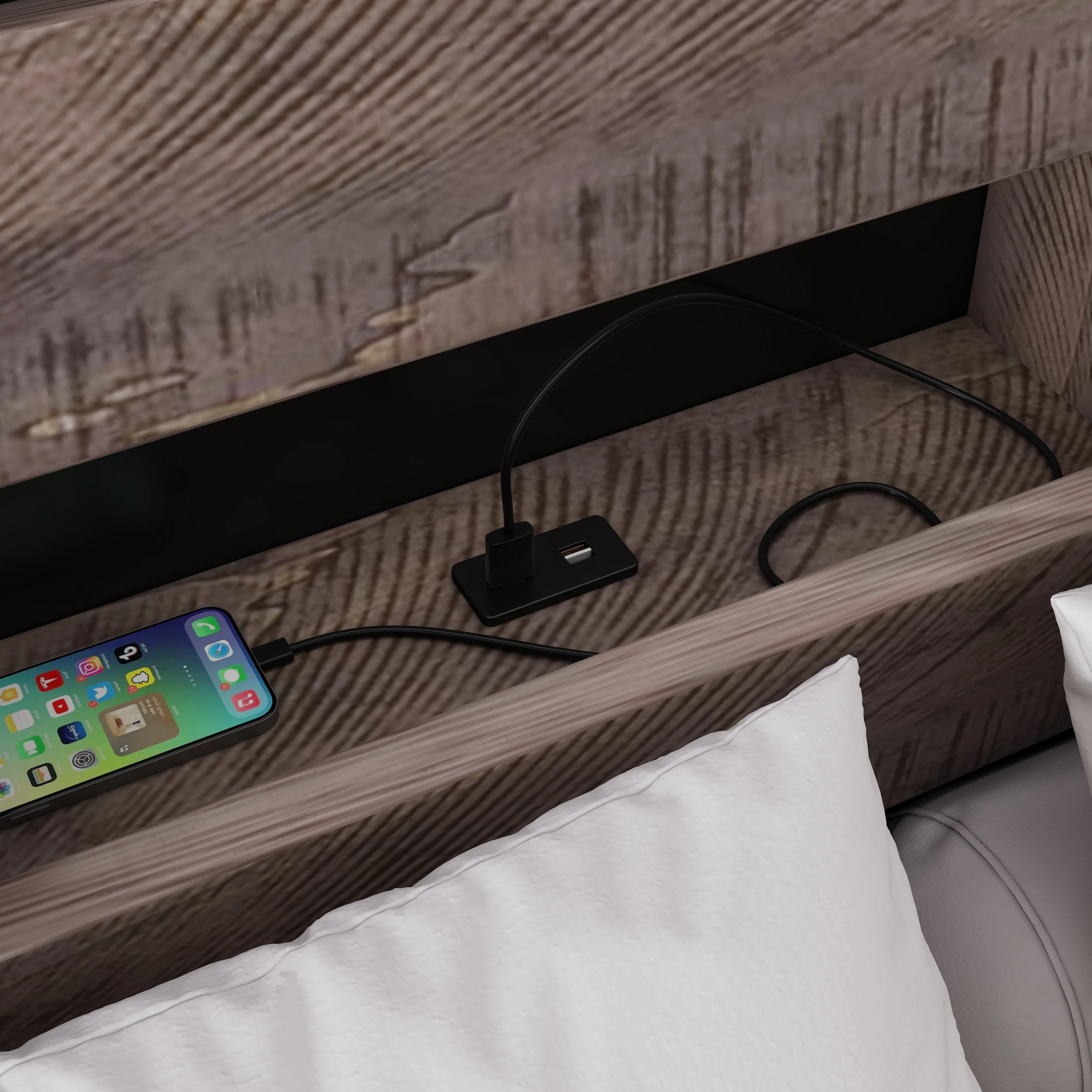 3 Pieces Bedroom Sets Mid Century Modern Style Queen Bed Frame with Bookshelf and LED Lights and USB Port and Two Nightstands, Walnut and Black